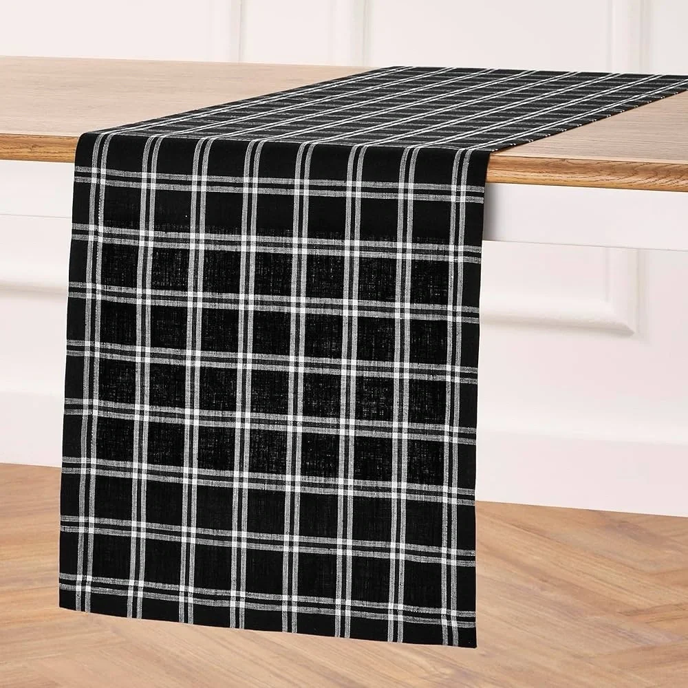 Solino Home Black Linen Table Runner 100% Pure Linen Marseille Plaid 14 X 90 In